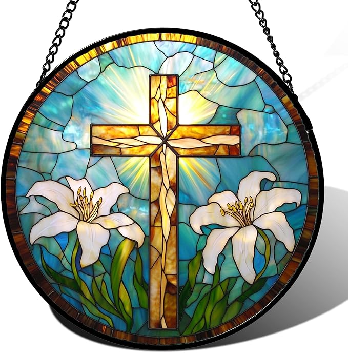 JOSUMALY Christian Gifts for Women - Cross Stained Glass Window Hanging Jesus Easter White Lily Flower Sun Catcher Garden Religion Decor Mother's Day Catholic Gift for Men Grandma Mom Her Nana 9.8"