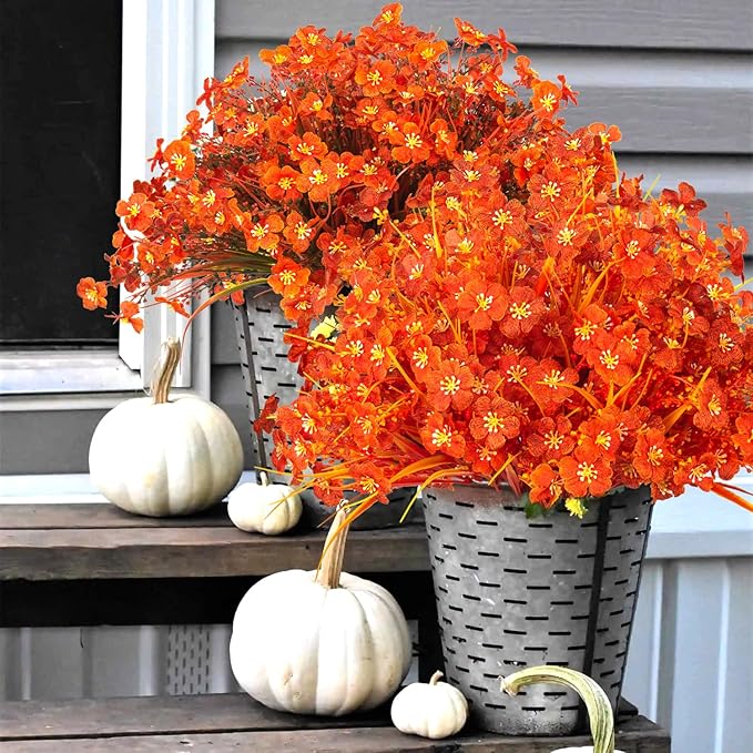 Grunyia 20 Bundles Artificial Fall Flowers Outdoor,No Fade Fake Plastic Flowers,Faux Autumn Plants for Indoor Outside Garden Porch Window Box Home Wedding (Fall Red)