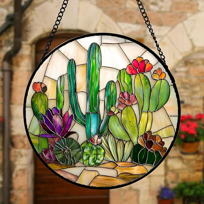 DASTOLL Stained Glass Window Hanging, White Green Cactus Suncatcher Diamond Glass Panel Hangings Sun Catchers Decor for Birthday for Women, Men, Wife, Aunt, and Mom 7.8 in