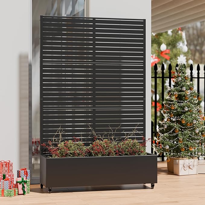 Casaphoria Metal Raised Garden Bed with Trellis and Wheels, 72"x47"x16" Planter Box for Climbing Plants, Vegetables & Vines, Features Drainage Holes and Privacy Screen (Black-Louvered)
