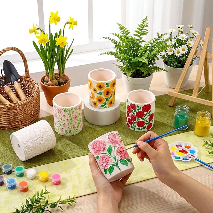 Zubebe 12 Pcs Paint Your Own Flower Ceramic Pots Bulk Unfinished Succulent Pots Painting Kit with Drainage Hole Lily Sunflower Peony Rose Mini Paintable Vase for Spring Valentine Mother DIY Craft