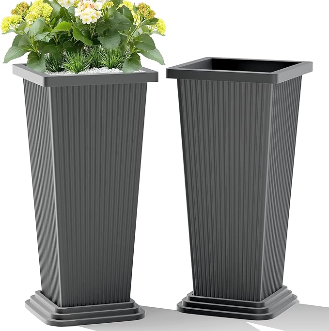 TUYOHW Set of 2 Tall Planters, 24" Large Indoor Outdoor Flower Pots with Tray, Modern Tapered Planters for Porch, Patio, Garden, Backyard