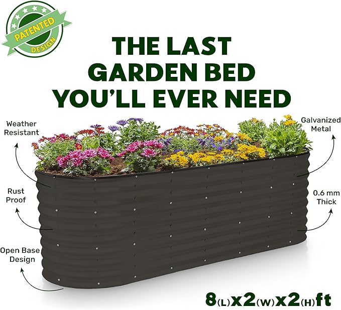 Plant & Plot Galvanized Raised Garden Beds Outdoor // 8×2×2 ft Planter Raised Beds for Gardening, Vegetables, Flowers (Black) // Large Metal Garden Box // Patented Tool-Free Design