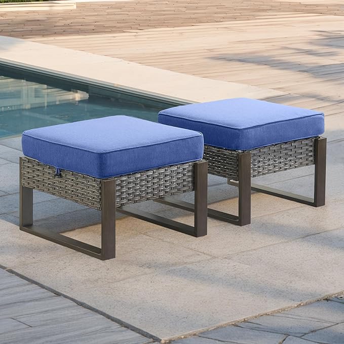 Rilyson Outdoor Ottoman Wicker Patio Footrest - 2 Piece Wicker Footrest Footstools Set with Sturdy Frame,All-Weather PE Wicker, Thick Cushions for Deck Porch Garden(Mixed Grey/Blue)