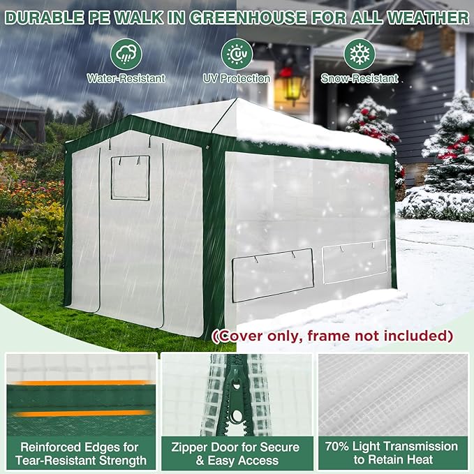 EAGLE PEAK Replacement Cover for 12x8 Pop up Greenhouse with Polyester Reinforced Corners, Front and Rear Roll-Up Zipper Entry Doors and 4 Roll-Up Side Windows (Frame Not Included), Green/White