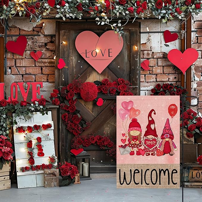 Welcome Valentines Day Gnomes Garden Flag 12x18 Inch Double Sided Outside Red Balloon for Outdoor Farmhouse Anniversary Holiday Yard Valentine Decoration FF-225