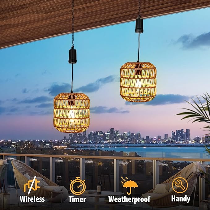 Livinlarge Battery Operated Hanging Pendant Ligh,Battery Outdoor Chandelier,Rattan Light with Warm White Bulb,4*AA Battery Powered for Gazebo Backyard Pergola Porch Patio Outdoor Indoor Decor