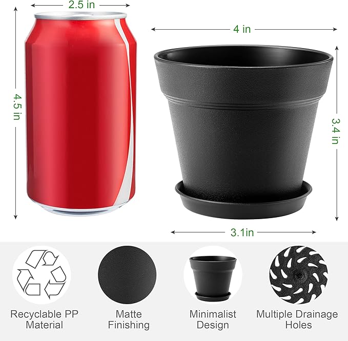 FHWTY 16 Pack Plastic Plant Pots with Drainage Holes and Tray, 4 inch Thickened Indoor Planters Seedlings Nursery Pots for Flowers, African Violet, Succulent and All House Plants, Black