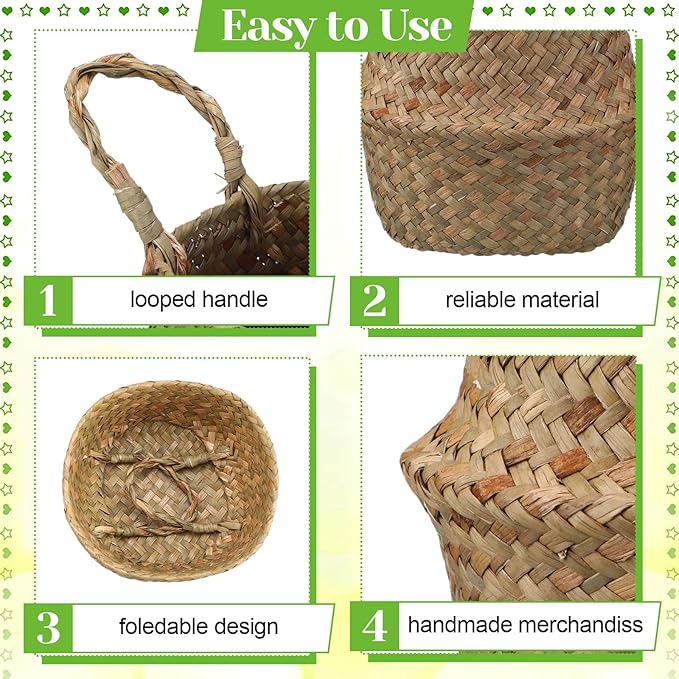 Qunclay 4 Pcs Woven Seagrass Baskets Belly Basket Folding Boho Natural Plant Pot with Handles Round Decorative Wicker Large Indoor Planter for Home Outdoor Tree Planters Decor (XXS,6.3''dx5.5''h)