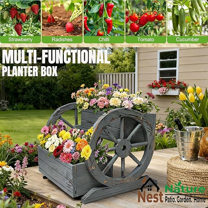 NestNature Wooden Wagon Planter Box,Raised Garden Bed,Decorative Garden Planters with Wheels-Outside Flower Pots for Indoor/Outdoor Décor Plants (Antique Gray)