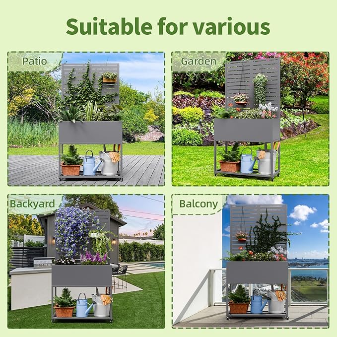 Metal Planter Box with Trellis,67" H x35 W Raised Garden Beds with Privacy Screen for Climbing Plants Flower, Elevated Standing Planter Garden Bed with Drainage Holes for Outdoor Patio,Grey