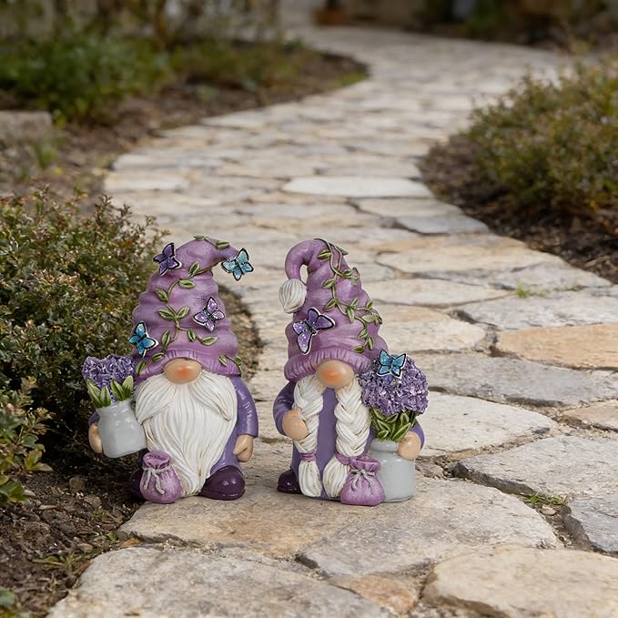 Hodao 2PCS Purple Lavender Butterfly Gnome Figurine Set for Yard, Lawn, Patio, Porch - Weatherproof Resin Garden Decoration - Outdoor Decor & Unique Gnome Gift for Women
