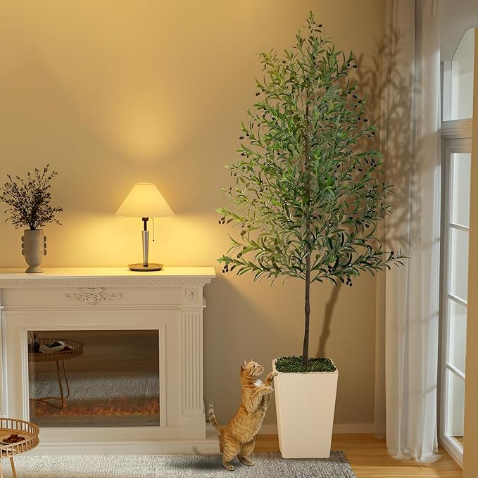 Olive Trees Artificial Indoor 8ft, 2 PCS Tall Faux Silk Plant with Pot, Realistic Leaves and Natural Wood Trunk Fake Trees with Lifelike Fruits for Home Office Decor Bedroom Livingroom Entryway