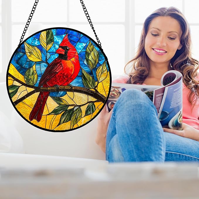 DASTOLL Stained Glass Window Hanging, Blue Sky Cardinal Sun Catchers Colorful Glass Panel Red Birds Suncatcher Decor for Birthday for Women, Men, Wife, Aunt, and Mom 14.9x14.9 in