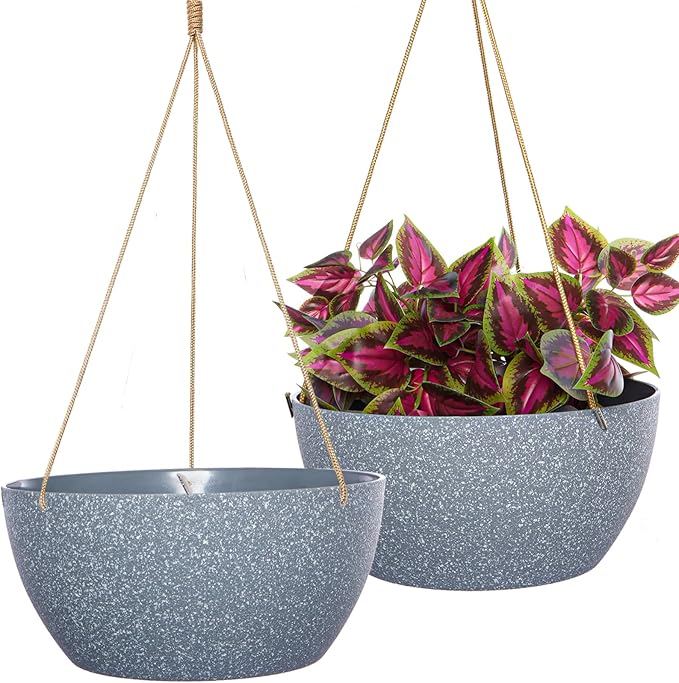 SwinDuck 12 Inch 2 Pack Large Hanging Planters for Indoor Outdoor Plants, Plastic Hanging Basket Pots for House Plants Flowers, Grey