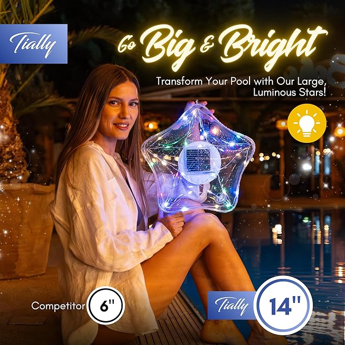 TIALLY Solar Star Lights Outdoor - 14'' Solar Floating Pool Lights, Inflatable & Hangable Outdoor Decorations, Waterproof Solar Powered Star Light - Best Gift Pool Decor (2 Pack Colored)