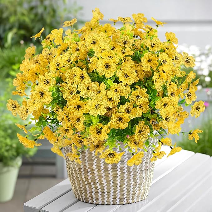 ATTGREAT Artificial Flowers Outdoor Faux Plants UV Resistant Fake Patio Flowers Plastic Greenery Plnats Outside Bulk for Spring Garden Hanging Planter Home Vase Decor, 12 Bundles (Yellow)