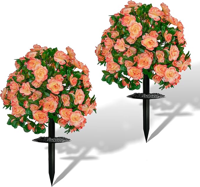 AZXVT Artificial Flowers for Outdoors, Faux Outdoor Plants Fake Plants Topiary Balls Artificial Outdoor Set of 2 with Ground Spike for Home Front Porch Patio Garden Decor (Tangerine)