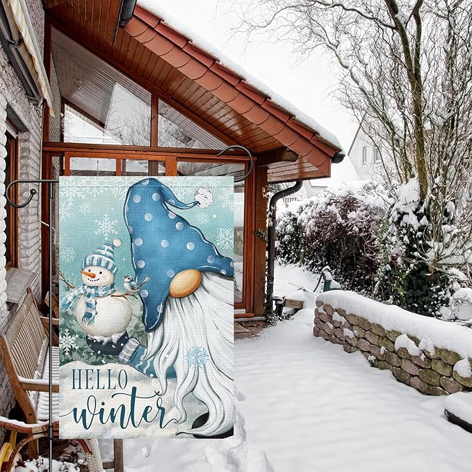 Heyfibro Hello Winter Gnome Garden Flag 12x18 Inch Double Sided Burlap Snowman Snowflakes Yard Banner for Christmas Seasonal Outside Outdoor House Decoration (ONLY FLAG)