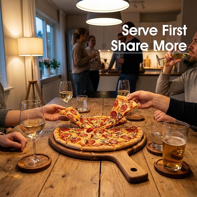 GleeNflux 12" Acacia Wood Charcuterie & Pizza Serving Board Set with Pizza Cutter, Rustic Wooden Board for Cheese, Appetizers & Entertaining, Thoughtful Housewarming Gift
