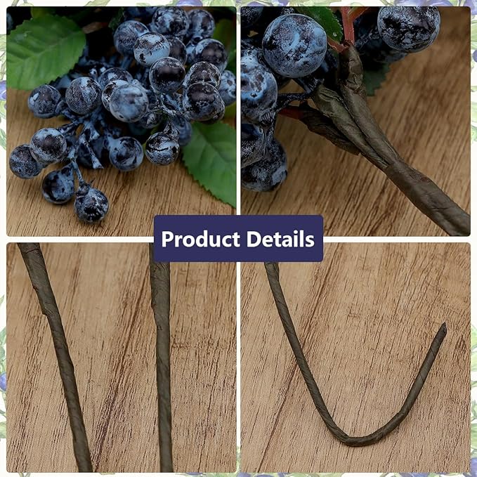 4pcs Artificial Blueberries Fruit Stems Fake Berries Picks Flowers Plant Decorations DIY Flower Arrangement Garland Bouquet Home Wedding Party