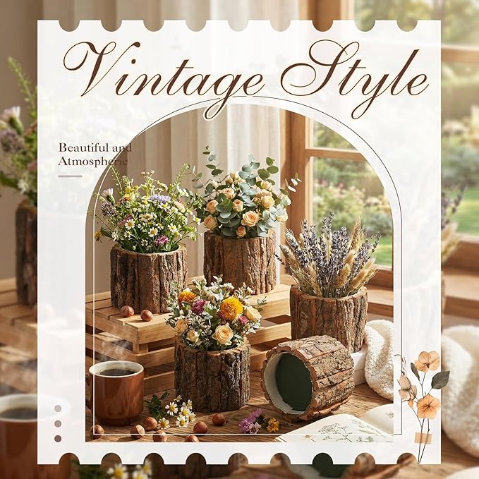 12 Set Wooden Vase for Centerpieces Wooden Flower Vase with Flower Mud Rustic Bark Stump Buckets Vintage Wood Planter Pots for Woodland Party Wedding Window Home Farmhouse Table Decor