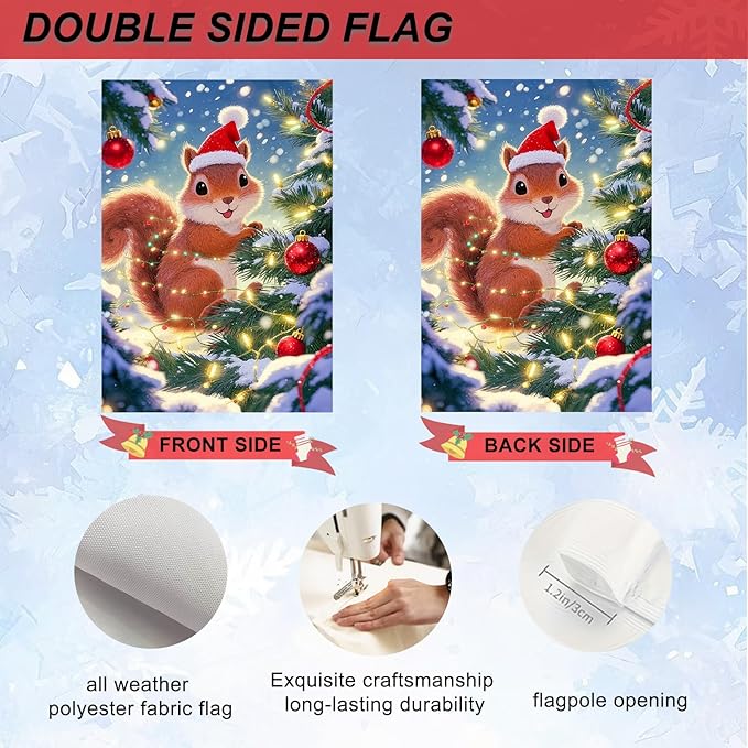 IVN Christmas Garden Flag 12x18 Inch Cute Squirrel in Santa Hat with Red Ball Ornaments and Snowy Tree Flag Double Sided Outdoor Yard Banner for Porch Lawn Patio Decor Holiday Winter