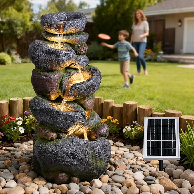 5-Tier Rock Solar Water Fountain Outdoor Garden, 36.2''Tall Cascading Natural Solar Powered Fountain Outdoor with LED Lights, Water Feature for Garden, Patio, Deck, Backyard Decor