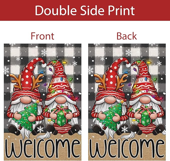 Welcome Christmas Garden Flag，Buffalo Plaid Gnome 12x18 Inch Double Sided Burlap Yard Flag for Winter Farmhouse Holiday Outdoor Decor