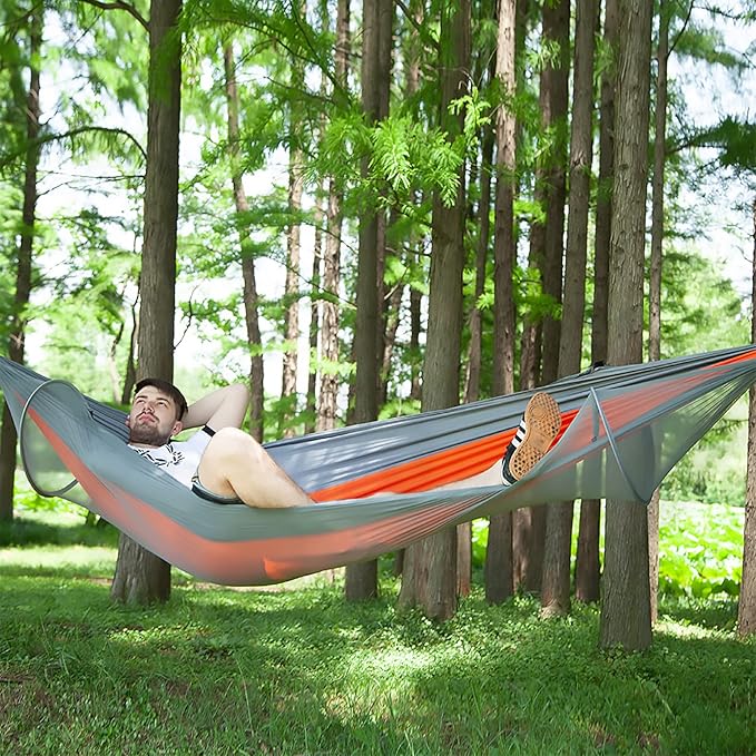 LFL Portable Camping Hammock with Mosquito Net, 1-2 Person Outdoor Swing Hammock, Nylon Parachute Material, Outside Quick Opening, Hiking Travel Courtyard (Orange)