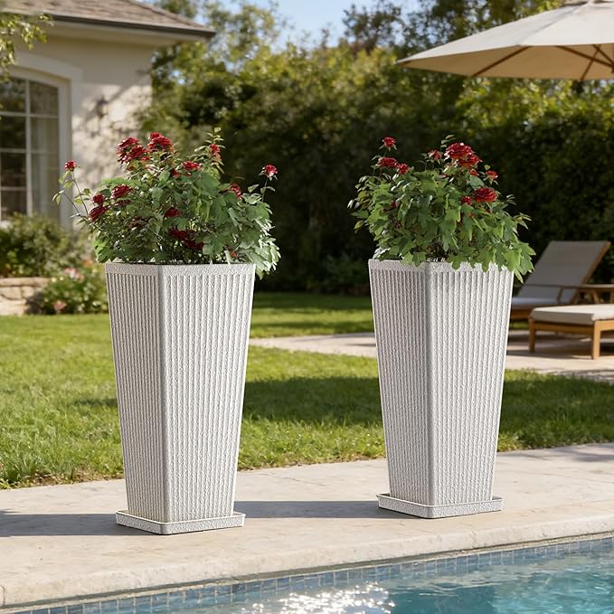 Trygoal Square Tall Planters for Outdoor Plants Set of 2-23.6" Heavy-Duty Classic Tapered Indoor Flower Pots with Drainage Holes/Partition/Tray, Large Outdoor Planters for Porch Patio Garden, White