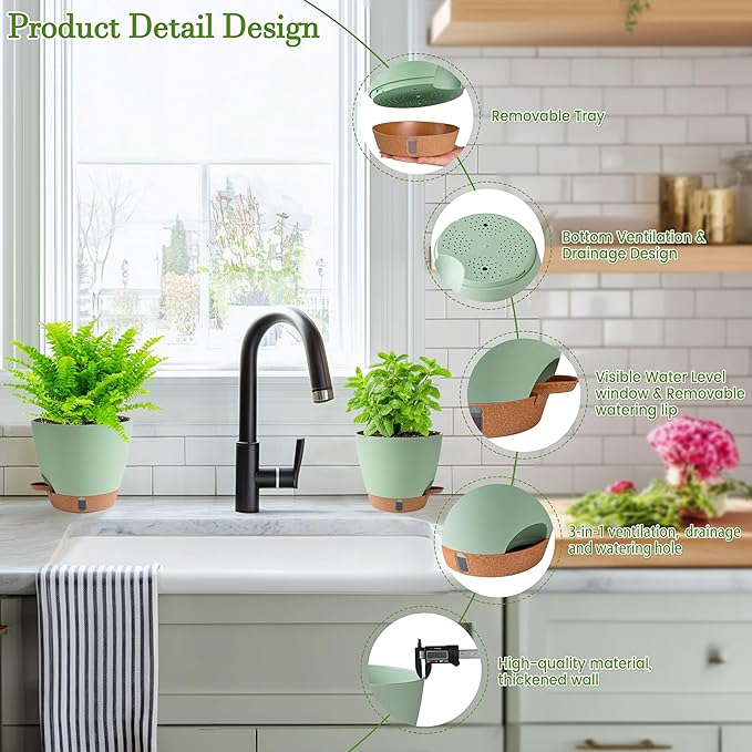 Fielda Self Watering Pots for Inoor Ourdoor Plants 10/9/8/7/6.5 Inch Plastic Planters with Drainage Holes & Water Level Indicator, Decorative House Flower Nursery Planting Pots with Saucers (Green)