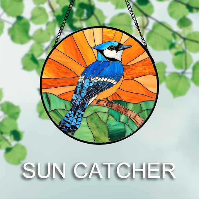 DASTOLL Stained Glass Window Hanging 4 Pcs Set Birds 9.8" - Cardinal Blue Jay Suncatcher Door Garden Sun Catcher Decor Birthday Christmas for Bird Lovers Mom Woman Nana Men