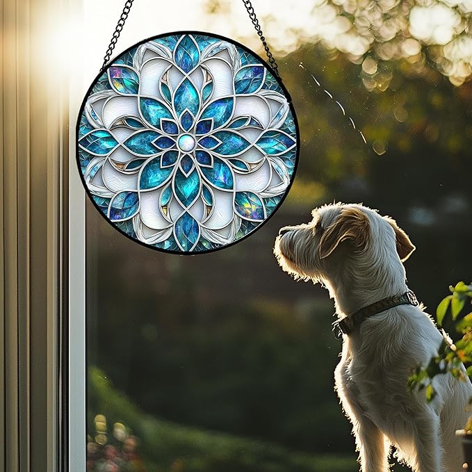 JOSUMALY Stained Glass Window Hanging - Blue White Abstract Flowers Suncatcher for Door Terrace Garden Home Decor Boho Sun Catcher Birthday Gifts for Lovers Women Men Dad Mom Nana 9.8 in