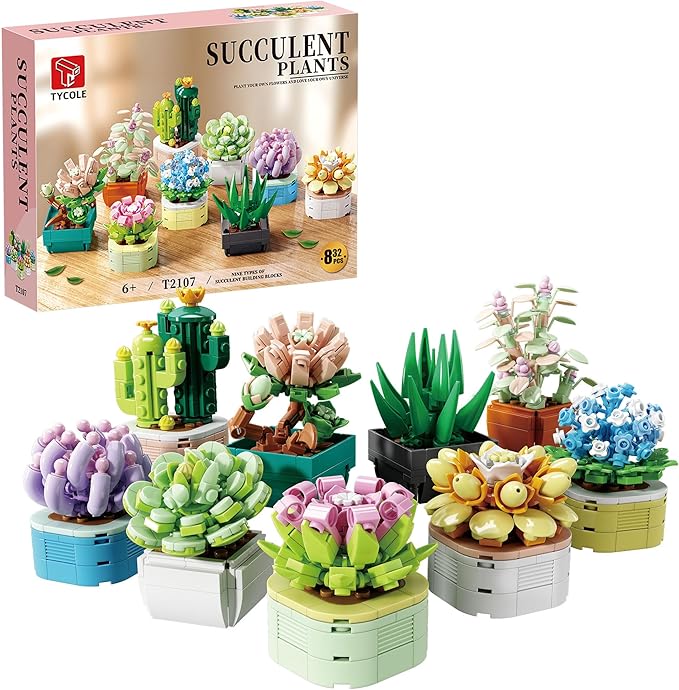 TYCOLE 9 in 1 Tiny Flowers Succulents Artificial Plant Set-Creative Botanical Building Block Toy, Botanical Collection for Office&Home Decor, Birthday Gift for Adults and Kids 8-12(832 PCS)