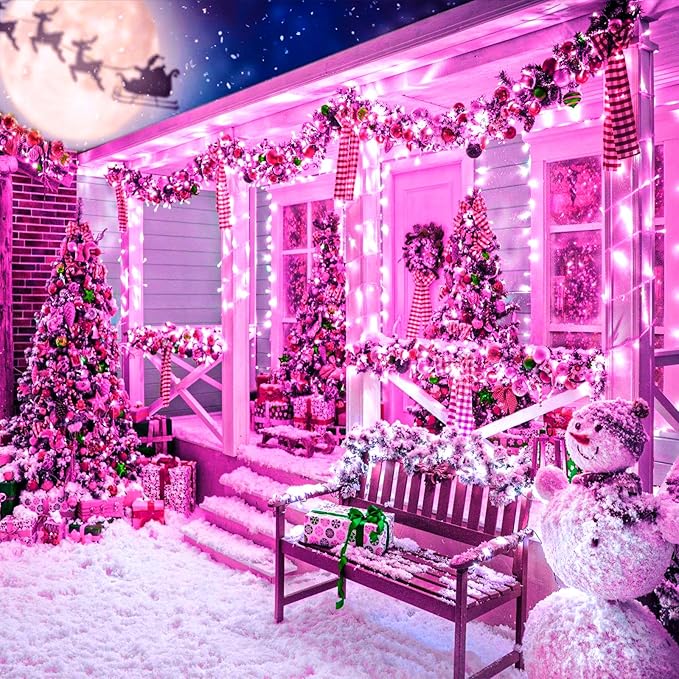 132 FT 400 LED Pink String Lights Indoor, Pink Valentines Day Lights with 8 Modes Clear Wire Waterproof, Plug in Fairy Lights for Bedroom Valentines Day Wedding Holiday Party Tree Decorations