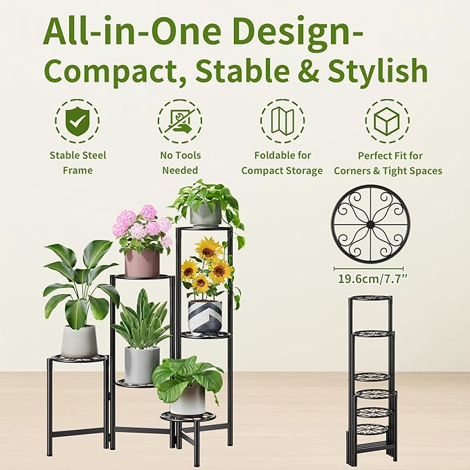 NQW 6 Tier Large Plant Stand Indoor with 7.9-Inch Wide Drainage Tray, Tiered Corner Metal Outdoor Flower Display Holder Shelf, Folding Tall Rack for House Patio Porch Balcony Graden - BlackS