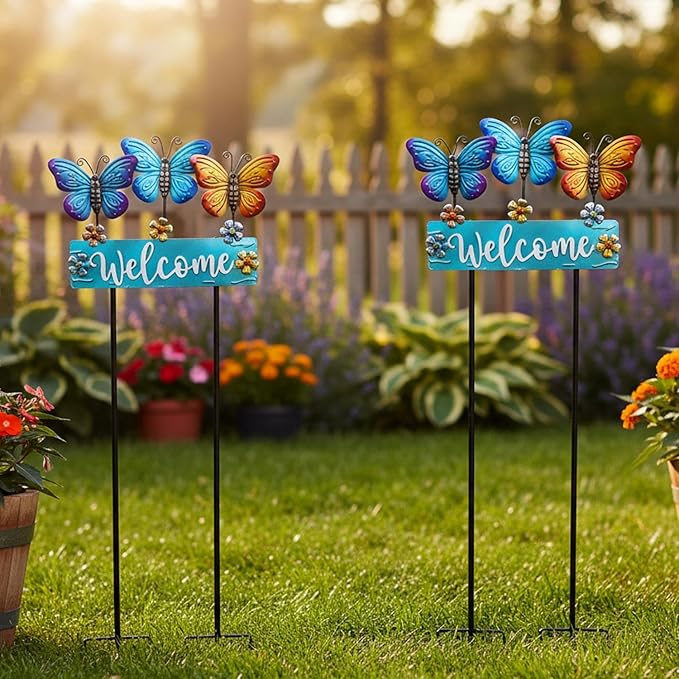 Large Butterfly Garden Stakes 42.1inch with Welcome Sign and Flowers, Butterfly Garden Decor Metal Yard Art for Spring, Lawn Ornaments, Pathway, Outdoor Summer Decorations