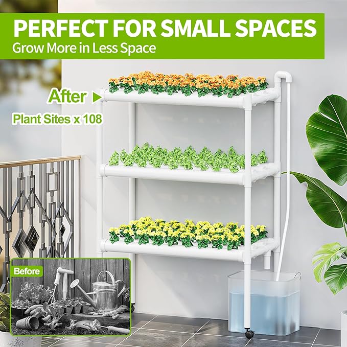 SPECILITE Hydroponics Growing System with Wheels, 3-Tier 108 Plant Sites Food-Grade PVC-U Pipes Gardening kit for Leafy Vegetables, Lettuce, Herbs, Water Pump, Indoor, Outdoor