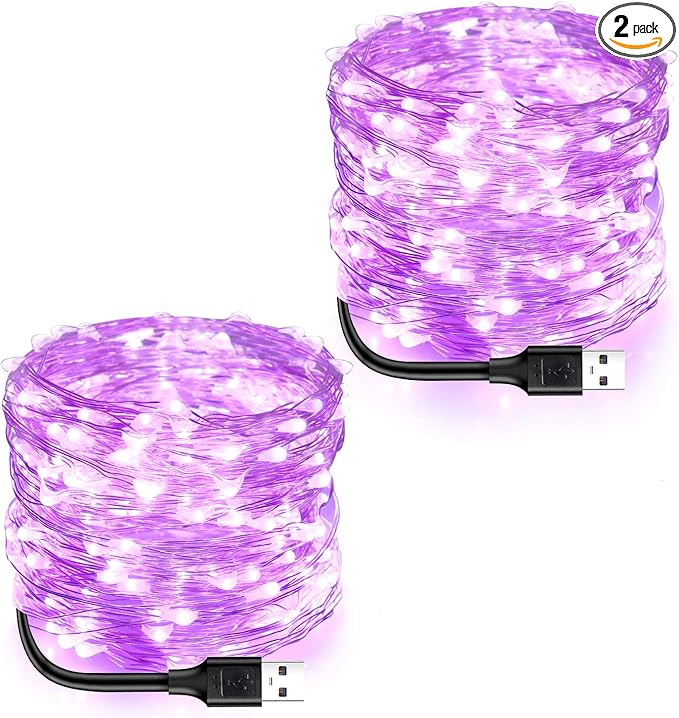 Blingstar USB Powered Fairy Lights, 2 Pack 33Ft 100 LED, Flexible Silver Wire, Mini String Lights for Christmas Tree/Halloween/Bedroom/Camping/Holiday Decoration, Purple