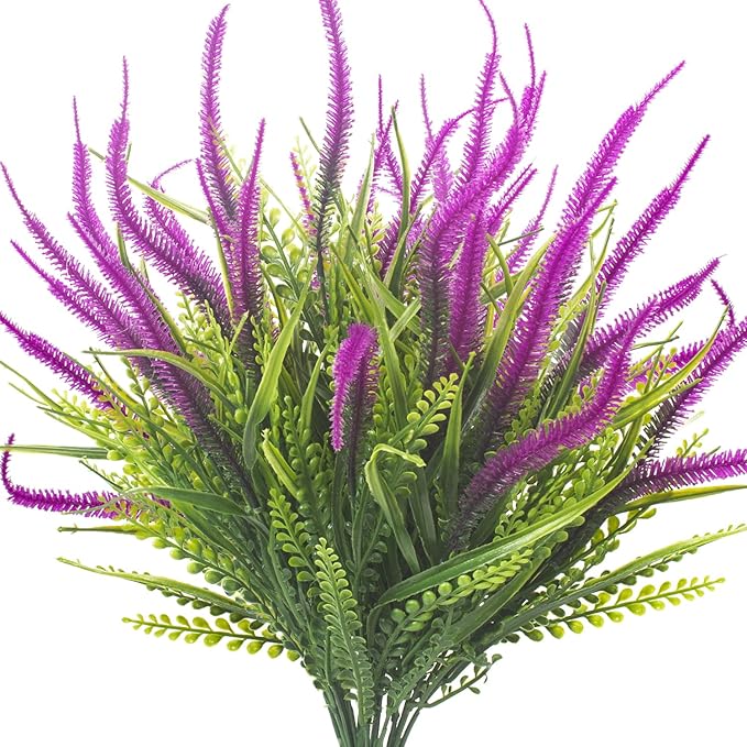 Grunyia 10 Bundles Artificial Plants Outdoor Fake Grass with Flowers UV Resistant Greenery Garden Porch Window Box Decorating (Magenta)