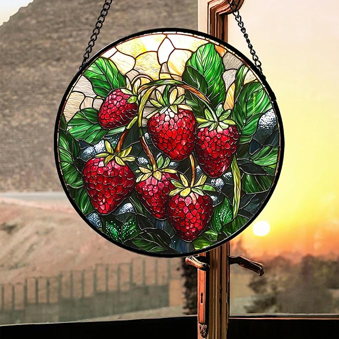 AMDERVEN Stained Glass Suncatcher, Red Strawberry Green Leaf Sun Catcher Silver Background Stain Glass Window Hanging Decoration Mother's Day Birthday Gifts for Women Men Mom Nana 9.8 in