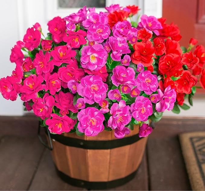 Artificial Faux Outdoor Flowers Plants For Spring Decor, Fake Silk Colorful Camellia UV Resistant Look Real for Planter Outside Porch Patio Balcony Garden Yard Home Decoration, 3 Large Bundles