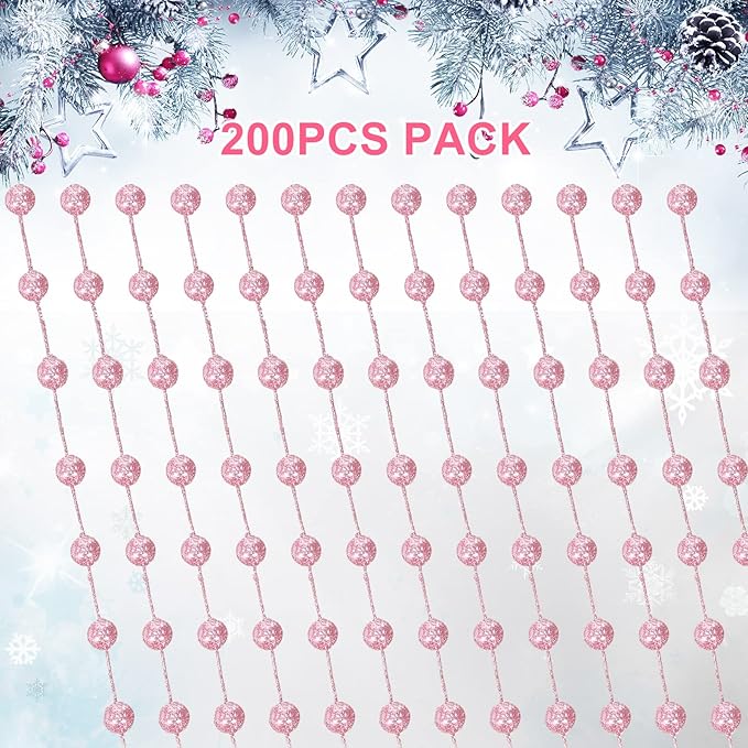Syhood 200 Pcs Glitter Berry Stems, 13.8 Inches Christmas Berry Picks Holly Branches for Christmas Tree Decorations, Holiday Ornaments Home Decor and DIY Crafts(Pink)