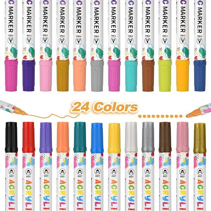KEMYR 24 Colors Acrylic Paint Pens, Dual Tip Acrylic Paint Markers for Paper, Wood, Canvas, Stone, Rock Painting, Glass, Fabric, DIY, Ceramic, Art Supplies for Adults Drawing (Dot + Fine)