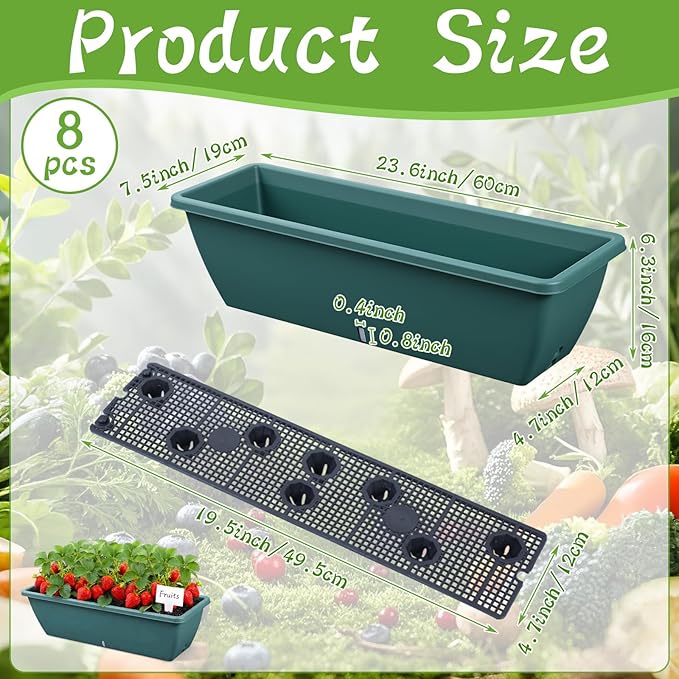 8 Pack 24 Inches Plastic Flower Window Box Planters with Water Absorbing Net Drainage Holes & Visible Water Level Window, Rectangular Vegetable Flower Pots for Indoor Outdoor Garden(Green)