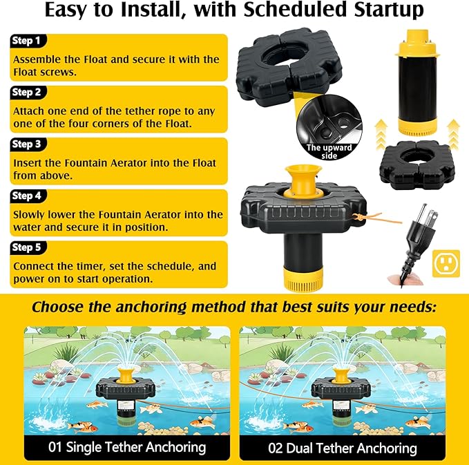 Pond Fountain Aerator Burnvale BU-F4, 1HP 15000 GPH Floating Pond Aerator Fountain with 100FT Power Cord, Timer, 2x100FT Traction Rope for Large Ponds, Lakes, Farm, Ranch, Outdoor Large Fish Pond
