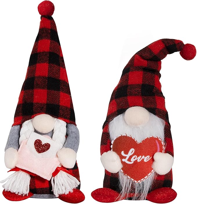 2 Pack Valentine Day Gnomes, Buffalo Gnome Doll Decorations for Home, Handmade Gnome Valentines Decor, Scandinavian Tomte Gnome Doll, Valentines Gifts for Mantel Sofa Table Decorations