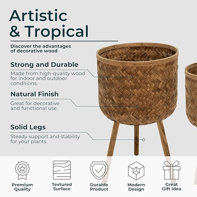 Set of 3 Bamboo Pot Planter with Stand – Modern Wooden Planters with Stand for Indoor/Outdoor, Stylish Hallway Home Decor & Garden– Standing Raised Floor Pot for Display -11/13/15", Brown