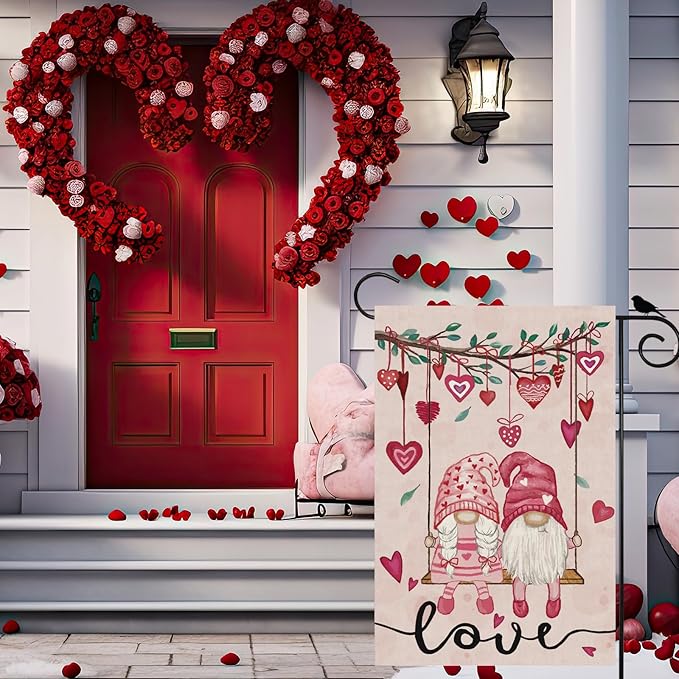 Valentine’s Day Romantic Swing Gnome Love Hearts Garden Flag Yard Flag 12x18 Inch Double Sided Small Mini Yard Outdoor Outside Holiday Decoration